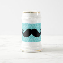 Aqua handlebar mustache on black damask pattern coffee mug