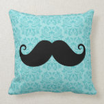 Aqua handlebar mustache on black damask pattern throw pillow