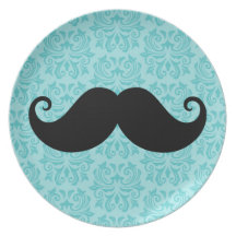 Aqua handlebar mustache on black damask pattern plates