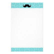 Aqua handlebar mustache on black damask pattern custom stationery