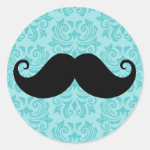 Aqua handlebar mustache on black damask pattern sticker