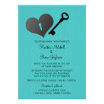 Aqua Heart Lock and Key Wedding Invite