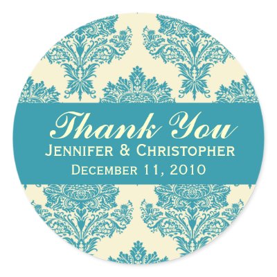Aqua & Ivory Damask Round Wedding Labels Round Sticker