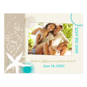 Aqua, Ivory, Tan Beach wedding Photo Save the Date Post Cards