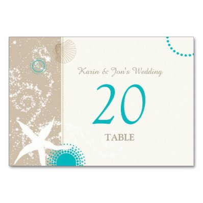 Aqua Ivory Taupe Beach Wedding Table Numbers Card
