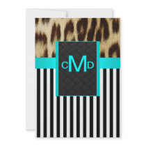 Aqua Leopard Stripes Grad Monogram Invite