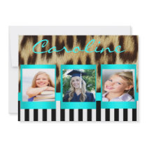 Aqua Leopard Stripes Grad Photo Invite