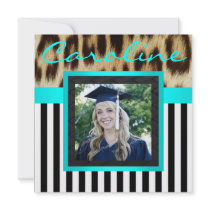 Aqua Leopard Stripes Grad Photo Invite