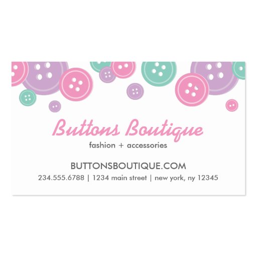 Aqua Lilac & Pink Cute Buttons Border Business Card Template (front side)