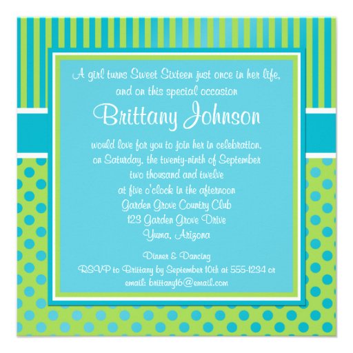 Aqua, Lime Polka Dot Sixteenth Birthday Invitation