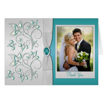 Aqua-marine and Silver Thank You Card with Photo Greeting Card