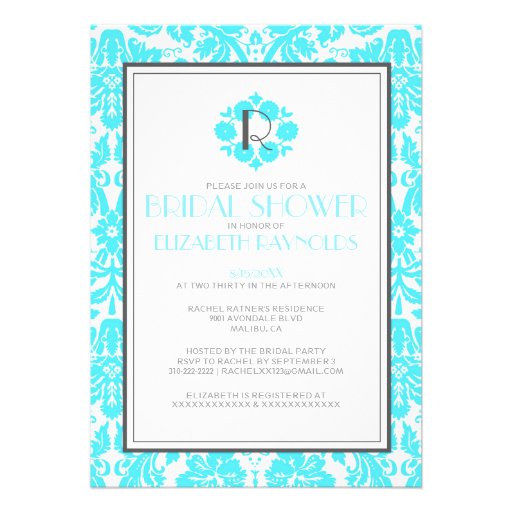 Aqua Monogram Damask Bridal Shower Invitations