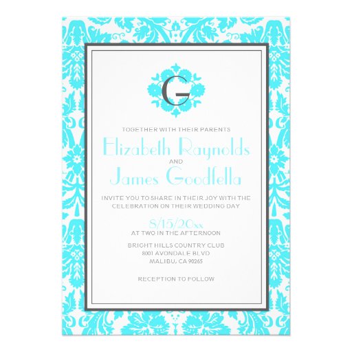 Aqua Monogram Damask Wedding Invitations