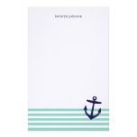Aqua & Navy Blue Nautical Stripes & Cute Anchor Stationery