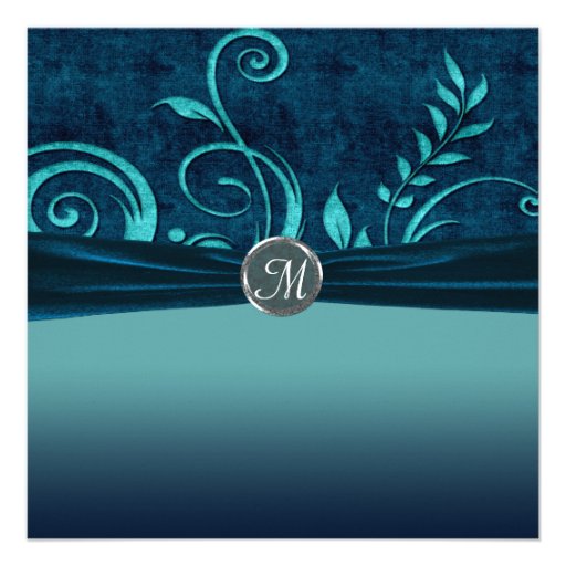 Aqua & Navy Blue Velvet Wedding Swirl Announcement
