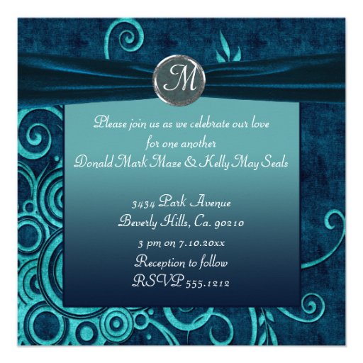 Aqua & Navy Blue Velvet Wedding Swirl Announcement