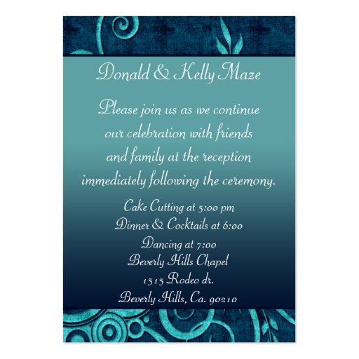 Aqua & Navy Blue Velvet Wedding Swirl Business Card (back side)