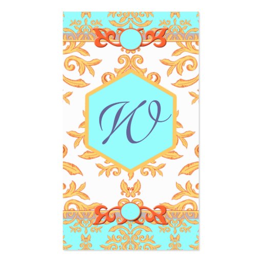 Aqua, Orange and Gold Damask Elegant Chic Business Card (back side)