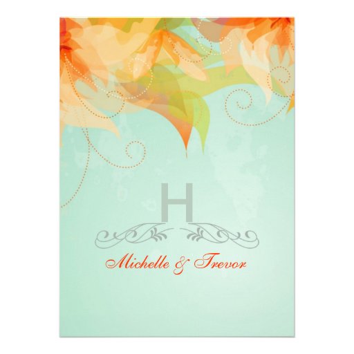 Aqua Orange Floral Formal Wedding Invitations
