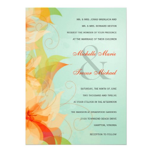 Aqua Orange Floral Formal Wedding Invitations