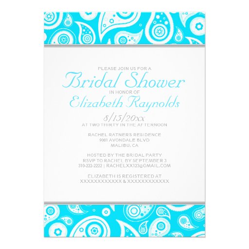 Aqua Paisley Bridal Shower Invitations