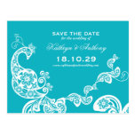 Aqua Paisley Peacock Chic Wedding Save The Date Postcards