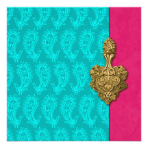 Aqua Paisley Peacock Indian Wedding Invitation