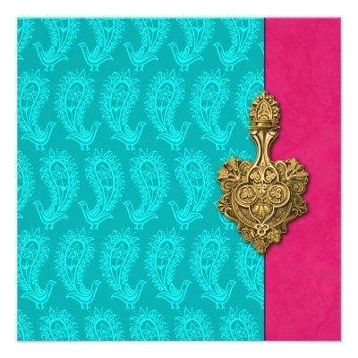 Aqua Paisley Peacock Indian Wedding Invitation