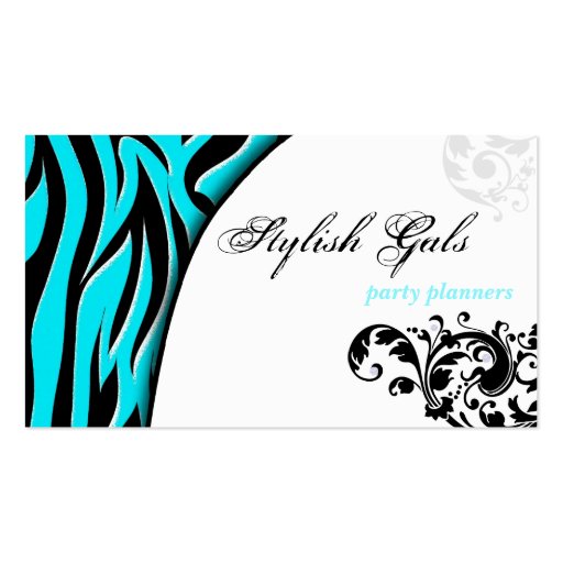 Aqua Party Planner Zebra Print Hip Business Card (front side)