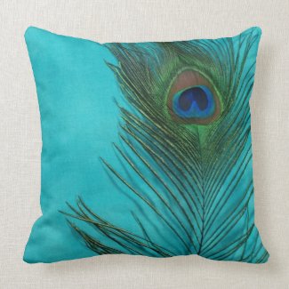 Aqua Peacock Feather Still Life Throw Pillow
