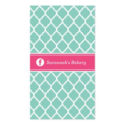 Aqua & Pink Chic Moroccan Lattice Custom Monogram Business Cards (back side)