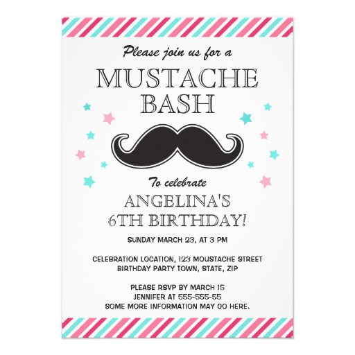 Aqua pink girls mustache bash birthday party announcement