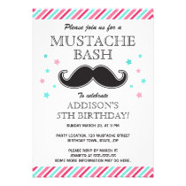 Aqua pink girls mustache bash birthday party invitation