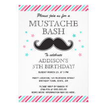 Aqua pink girls mustache bash birthday party invitation