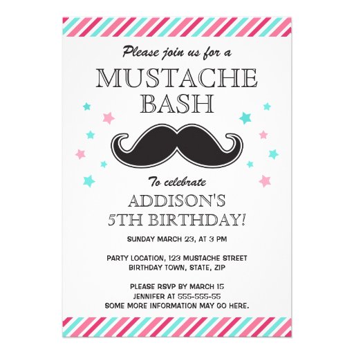 Aqua pink girls mustache bash birthday party invitation