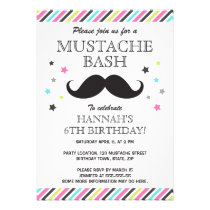 Aqua pink green stripes mustache birthday party personalized announcement