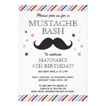 Aqua pink green stripes mustache birthday party personalized announcement