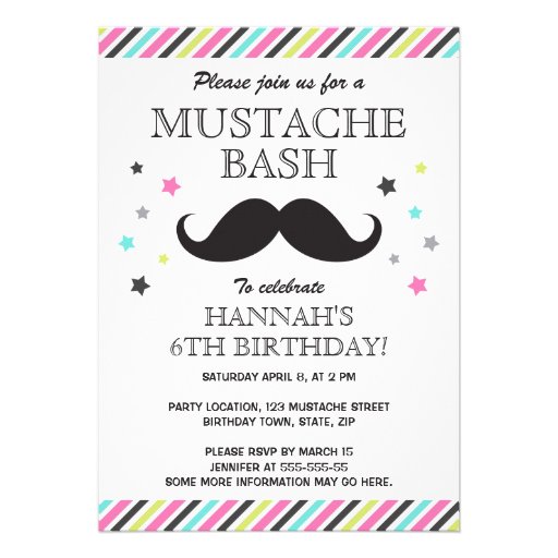 Aqua pink green stripes mustache birthday party personalized announcement