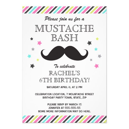 Aqua pink green stripes mustache birthday party personalized invite