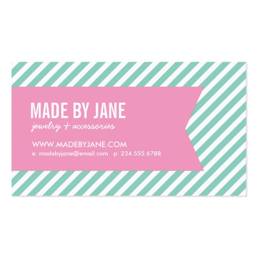 Aqua & Pink Modern Stripes & Ribbon Business Cards (front side)