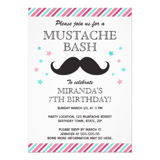 Aqua pink stripes mustache bash birthday party custom announcement