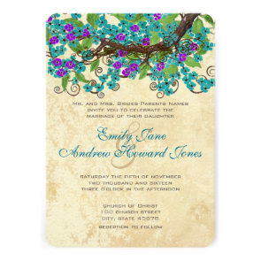 Aqua & Purple Cherry Blossom Tea Stain Invitations
