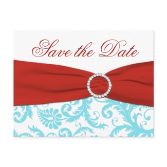 Aqua, Red, and White Damask Save the Date Postcard postcard