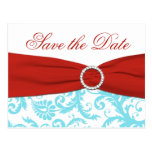 Aqua, Red, and White Damask Save the Date Postcard