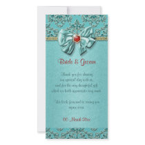Aqua red gold damask wedding photo card template