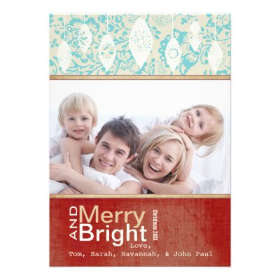 Aqua Red Retro Merry and Bright Family Photo Card