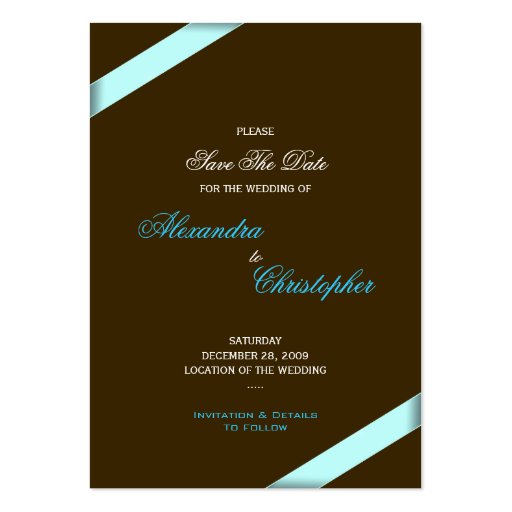 Aqua Ribbon Wedding Save The Date MiniCard Business Cards (back side)