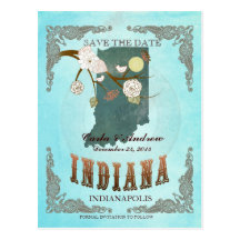 Aqua Save The Date - Indiana Map With Lovely Birds Postcard