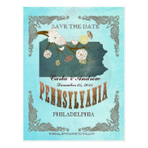 Aqua Save The Date- PA Map With Lovely Birds Post Card