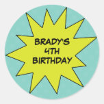 Aqua Save the Day Superhero Custom Birthday Round Stickers